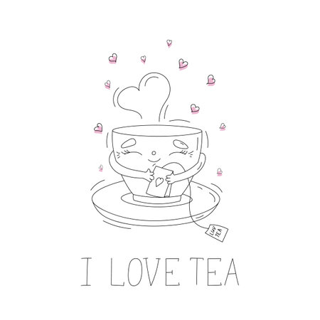 I love tea postcard. A mug hugs a tea bag, and pink hearts fly around.のイラスト素材