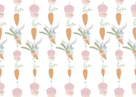 Seamless pattern with rabbits, carrots, easter cakes on white background vector illustration. Cute cartoon character.のイラスト素材
