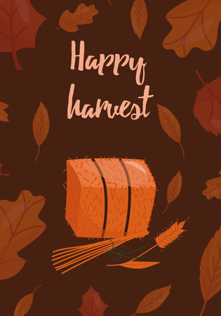 Autumn postcard with wheat and haystack with the inscription happy harvest. Autumn, harvest, nature. Vector illustration. A postcard, a cover, an invitation.のイラスト素材