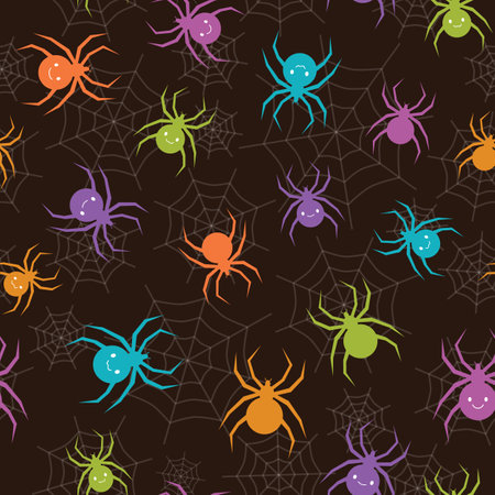vector Colorful Halloween Spiders seamless, repeat pattern background. Perfect for Halloween themed gift wrapping, scrapbook, Banner, flyer, poster, invitation, postcard projectsのイラスト素材