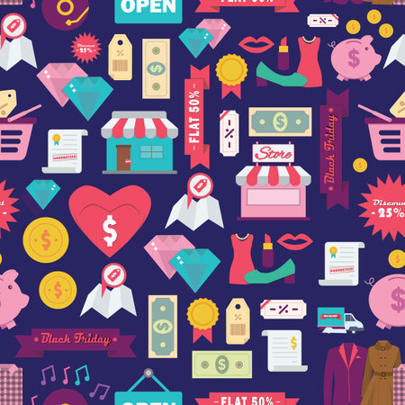 Colorful Vector Black Friday Sale repeat pattern background. Great for e-commerce websites, banner, poster, flyer, packaging, shipping, wrapping, logistics projectsのイラスト素材