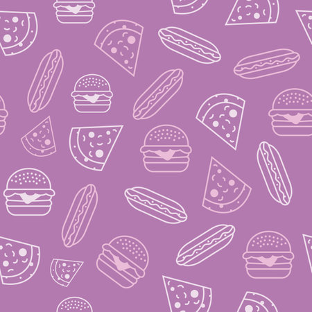 Vector Maroon Fast Food Textured Repeat Pattern Background. Surface Pattern Design. Great for food packing, restaurant menus, poster, flyers, web banners, decor, etcのイラスト素材