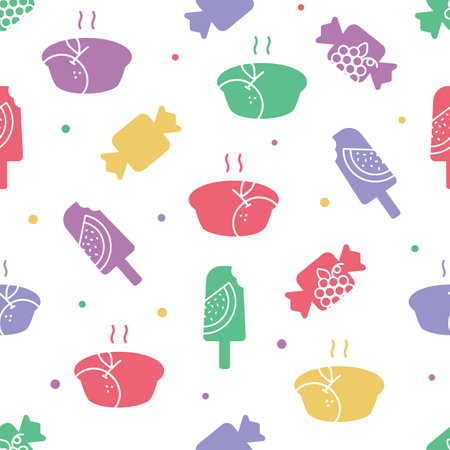 Vector Colorful Treats Textured repeat pattern background. Surface Pattern design. Great for food packing, restaurant menus, poster, flyers, web banners, decor, etcのイラスト素材