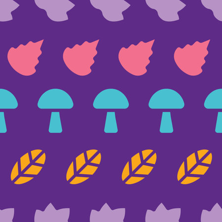 Vector Purple Autumn Leaves and Mushrooms repeat pattern background and illustration. Surface pattern design. Great for autumn, thanksgiving decor, poster, cards, wrapping, scrapbook projectsのイラスト素材
