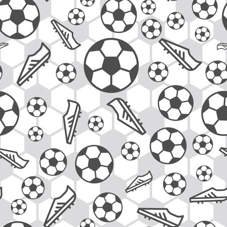Vector Black and White Football and shoes on a textured repeat pattern background illustration. Surface Pattern Design. Great for football, soccer projects.のイラスト素材