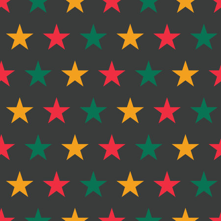 Vector repeat pattern illustration with stars in traditional African colors on a black background. Surface Pattern Design. Great for Kwanzaa, Black history month projectsのイラスト素材