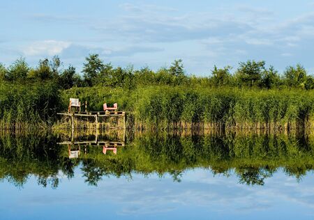 River and blue sky, summer landscape の写真素材
