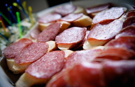 Bread with salami closeupの写真素材
