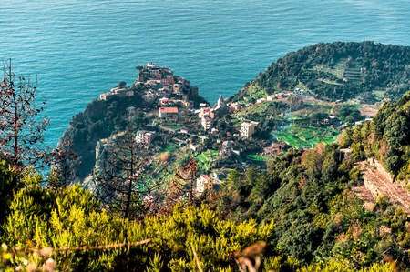 Birds Eye View of Riomaggiore. Riomaggiore is the first village of the Cinque Terre, Italy.の写真素材