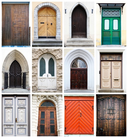 Collage of old-fashioned multicolored doorsの写真素材