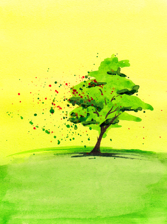 Watercolor painting of green tree の写真素材