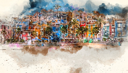 Villajoyosa skyline. Digital watercolor painting of Villajoyosa town, Costa Blanca. Province of Alicante, Valencian Community, Spainのeditorial素材