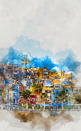 Digital watercolor painting of Villajoyosa town in Costa Blanca. Province of Alicante, Valencian Community,  Spainのeditorial素材