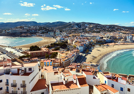 Picturesque view to the Peniscola two beaches, view from the castle. Costa del Azahar, province of Castellon, Valencian Community. Spainの写真素材