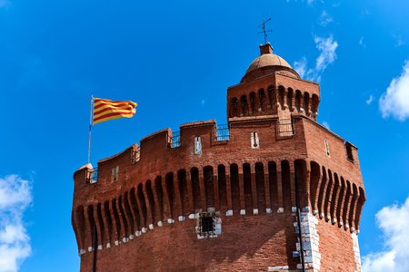 The Castillet against blue sky, is a small fortress built in the 14th century. Perpignan, Franceのeditorial素材