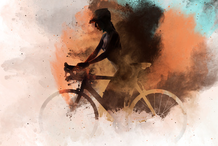 Naked woman with a bicycle combined with an abstract watercolor. Digital artの写真素材