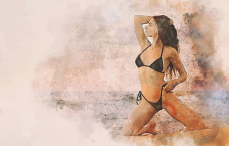 Sexy slim female with perfect athletic body wear black bikini posing on the beach near the sea. Digitally altered image, digital art watercolour photo. Beauty and fashion, vacation travel conceptの写真素材