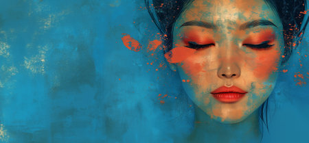 Portrait of a beautiful young Asian woman. Close up front face view of female with perfect skin and gorgeous appearance on bright red lips on blue wall backgroundの素材