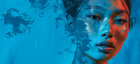 Asian woman portrait on bright blue backgroundの素材