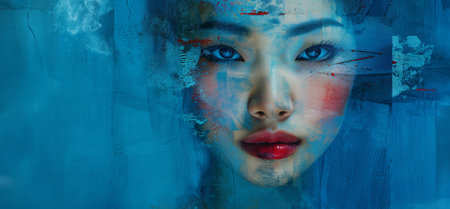 Front view, close up face of beautiful Asian woman staring at camera, having attractive appearance, perfect complexion. Cosmetics, beauty and fashion conceptの素材