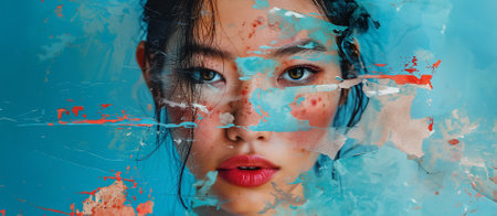 Front view, close up face of beautiful Asian woman staring at camera, having attractive appearance, perfect complexion. Cosmetics, beauty and fashion conceptの素材
