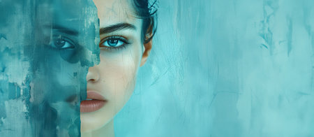 Gorgeous woman face on blue background. Concept of beauty, cosmetology, fashionの素材
