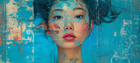 Front view, close up face of beautiful Asian woman staring at camera, having attractive appearance, perfect complexion. Cosmetics, beauty and fashion conceptの素材