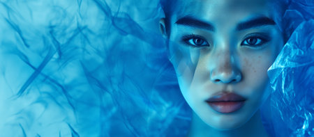 Gorgeous woman face on blue background. Concept of beauty, cosmetology, fashionの素材