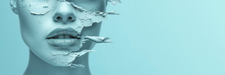 Beautiful woman face on bright blue wall copy space background. Skin rejuvenation, cosmetology, aesthetic medicine concept.の素材
