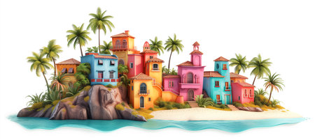 Multicoloured building exterior view and palm trees. Travel and holidays conceptの素材