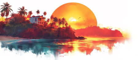 Multicoloured illustration, view to the houses against palm trees and mountains background. Travel and holidays conceptの素材