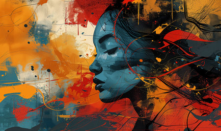 Abstract acrylic bright multi colored background and female face side viewの素材