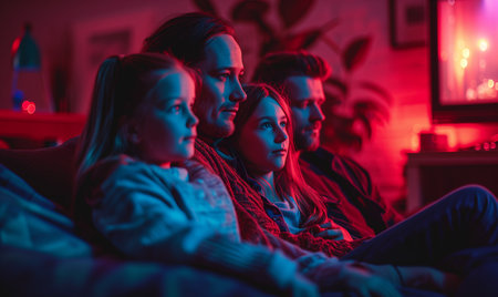 Full family watching TV seated relaxing on sofa at home. Leisure, pastime conceptの素材