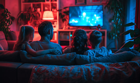 Rear back view of full family with two little kids watching TV seated relaxing on sofa at home. Leisure, pastime conceptの素材