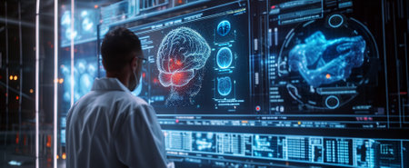 Neurosurgery, future, modern tech concept. Neurosurgeon review patient brain, on big screen monitor view, disease treatmentの素材