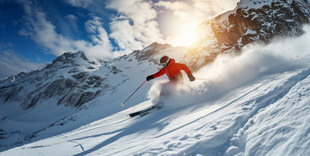 Skier skiing down slope on blue sunny sky, with high snow covered mountains in background. Motion. Sport and winter adventure conceptの素材