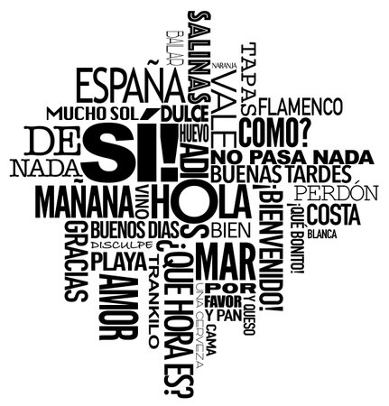 Typography, background, lot of words in spanish language, typical phrases collage. Black color on white backgroundの素材