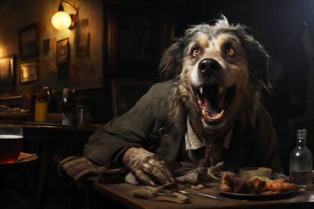 Drunk dog sit at table indoors. AI illustrationの素材