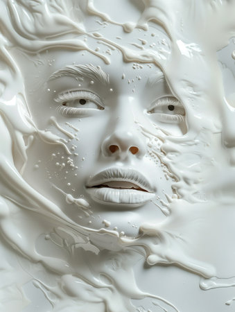 Abstract female face delicately veiled in a luscious layer of pristine white milkの素材
