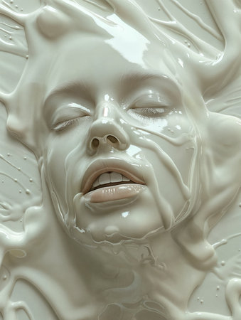 Abstract female face delicately veiled in a luscious layer of pristine white milkの素材