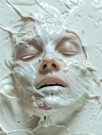 Abstract female face delicately veiled in a luscious layer of pristine white milkの素材