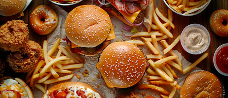 Horizontal illustration image of junk food diversity background. Hamburgers, french fries, roasted delicious fastfoodの素材