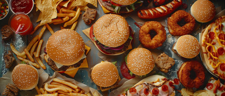 Horizontal illustration image of junk food diversity background. Hamburgers, french fries, roasted delicious fastfoodの素材