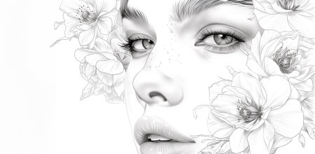Black and white illustration of beautiful woman painting with flowers on white background. Beauty treatment banner ad, cosmetology conceptの素材