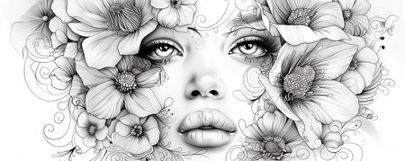 Black and white illustration of beautiful woman painting with flowers on white background. Beauty treatment banner ad, cosmetology conceptの素材