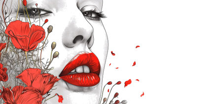 Face of beautiful woman with red bright lips and poppy flowers on white background. Beauty treatment banner ad, cosmetology conceptの素材