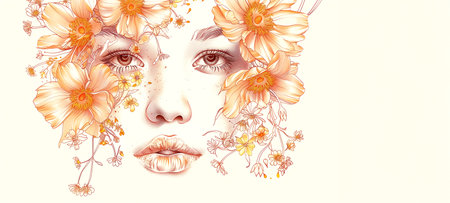 Beautiful sensual woman painting with flowers on white background. Beauty treatment banner ad, cosmetology conceptの素材