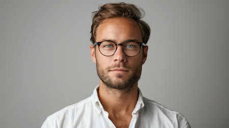 Head shot portrait of young business man posing on grey wall studio backgroundの素材