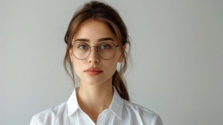 Head shot portrait of young businesswoman posing on grey wall studio backgroundの素材