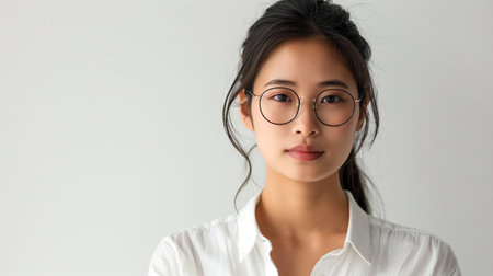 Head shot portrait of young Asian businesswoman posing on grey wall studio backgroundの素材